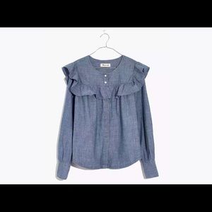 madewell chambray ruffled button top